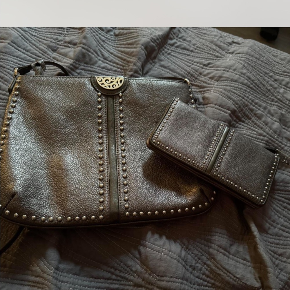 Brighton gunmetal color Leather Studded Bag and Wallet Set